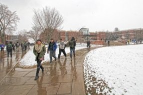 Bloomsburg students walking to class in the snow