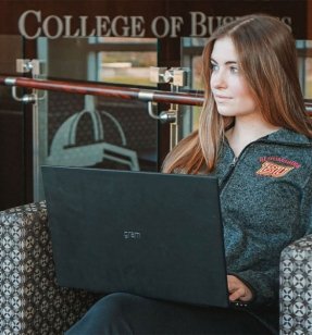 Female student using computer while sitting in the lobby of Sutliff Hall at CU-Bloomsburg.