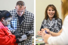 A collage of two photos. On the left a Criminal Justice professor instructs a student in a hands-on exercise. On the right, a CU-Lock Haven social work faculty member speaks with a student 