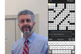 Two side by side photos: one of a man and the other of a crossword app. 