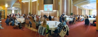 Groups sitting at tables, looking at a projection. 