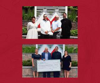 Two photos: top and bottom. Top: Four people standing together in front of a Mansfield sign. Bottom: Four people standing side by side holding a large check. 