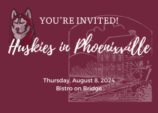 Maroon postcard with white lettering: you're invited To Huskies in Phoenixville