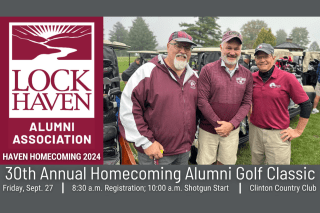 Several golfers in maroon shirts pose together, with text that reads: "Lock Haven Alumni Association - 30th annual homecoming alumni golf classic."