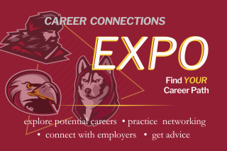 Red postcard with the tri mascot lockup and words "career connections expo" in grey, white and yellow.