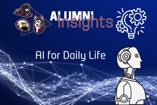 A deep blue background with white fiber optics or neurons along the bottom of the image.  White outline of a side profile of a robot in the lower left corner.  The tri mascot logo in the upper right corner and next to it the word alumni in capital letters and white lettering and the word Insights underneath it.  