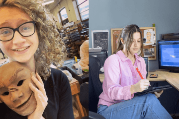 Two pictures: side by side. One of a woman holding a fake face. The other, of a woman drawing on a table. 