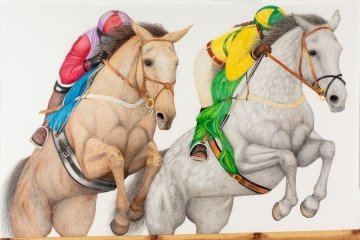 A drawing of two people riding horses. 