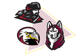 The three mascots in a triangle: mountie, husky, and an eagle.