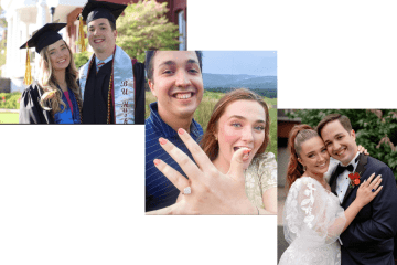 Three photos diagonally placed from top left to bottom right of a couple: their graduation photo, their engagement photo, and their wedding photo. 