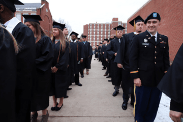 ROTC students in two lines. 