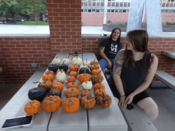 Two girls sitting at a picnic table, which has mini pumpkins on it. 