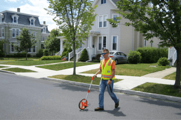 A man in a construction outfit walking across a road. 