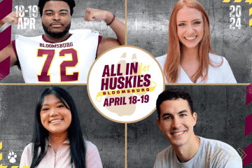 Four by four images, each containing one person. The middles says, "All In Huskies April 18-19"