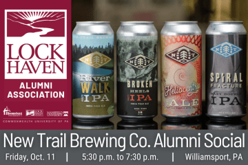 Lock Haven Alumni Association logo set next to several cans of New Trail Brewing options