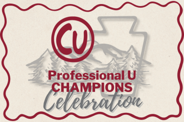 Acream colored postcard with grey watermark of a keystone and mountains. In front of it is a red CU symbol and the words Professional U Champions. The word Celebration is grey and in a handwriting script