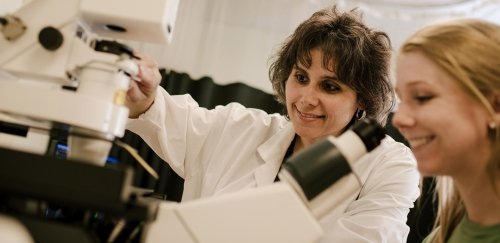 Female Biomedical Science student and professor use microscope in classroom laboratory at Commonwealth University - Bloomsburg.