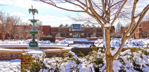 Fountain and quad at Commonwealth University - Bloomsburg in winter