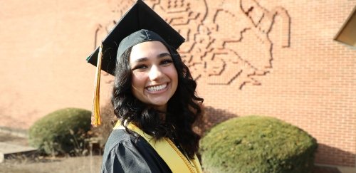 Female wearing graduation cap at Bloomsburg Commencement