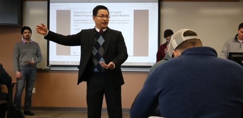 A Managment professor in Bloomsburg University's Zeigler College of Business addresses a class of students.