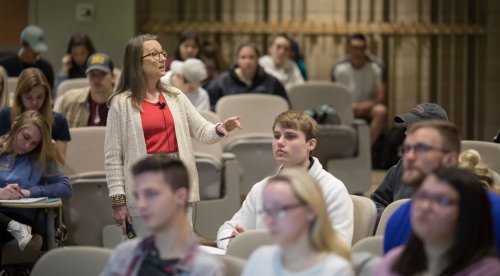 Commonwealth University Professor Marion Mason teaches Psychology class in lecture hall.