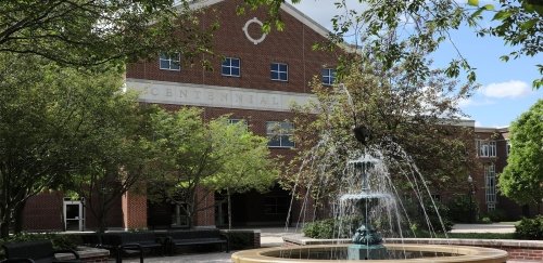 The fountain in front of Centennial Hall on Bloosmburg University's campus.