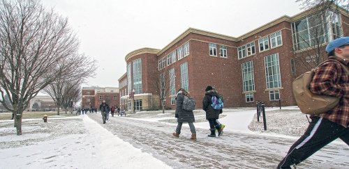 Bloomsburg students walking to class in the snow