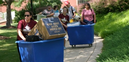 Students and parents pushing moving carts along a path during move-in at Commonwealth University - Bloomsburg