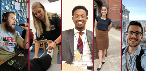 A montage of students engaging in professional and career experiences. From left to right: A male Mansfield student hosts a radio program, a female Lock Haven student wraps an ankle, a male Bloomsburg student wearing a suit and tie smiles directly at the camera, a female Bloomsburg student stands in front of a local courthouse, and a male Bloomsburg student takes a selfie in front of a window of a Philadelphia high rise office building