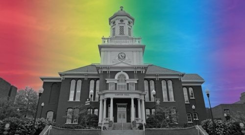 Commonwealth University-Bloomsburg, formerly Bloomsburg University, Carver Hall with pride colors behind