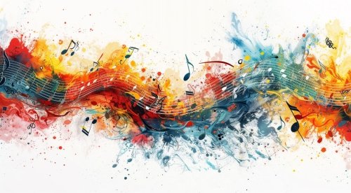 Musical notes floating in a color splash