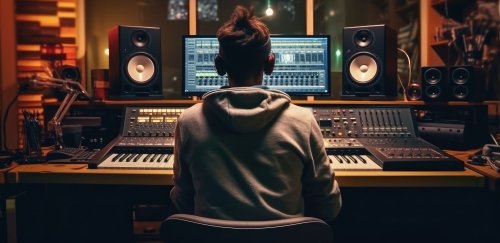 Person setting at a desk in front of a computer, sound board, keyboard and speakers