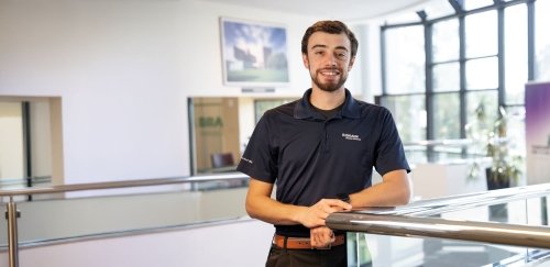 Nathan Snyder, Mold Designer with B. Braun Medical, posing at work.