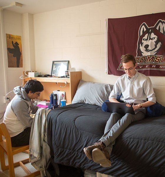 Two male students studying in Elwell Hall residence hall room