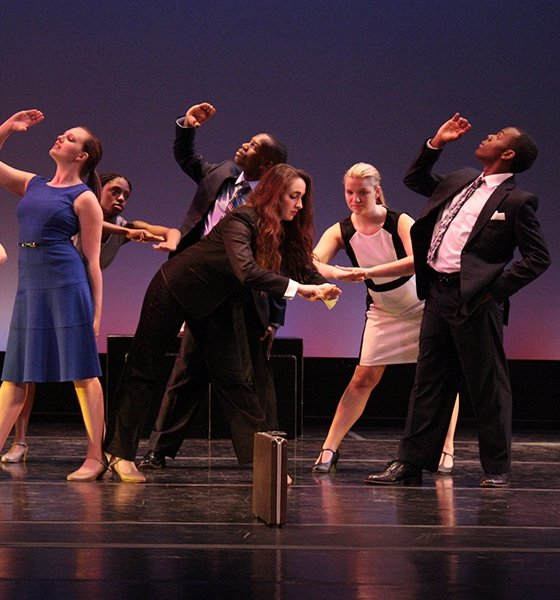 Theatre students performance on stage during a Commonwealth University-Bloomsburg, formerly Bloomsburg University, dance concert.