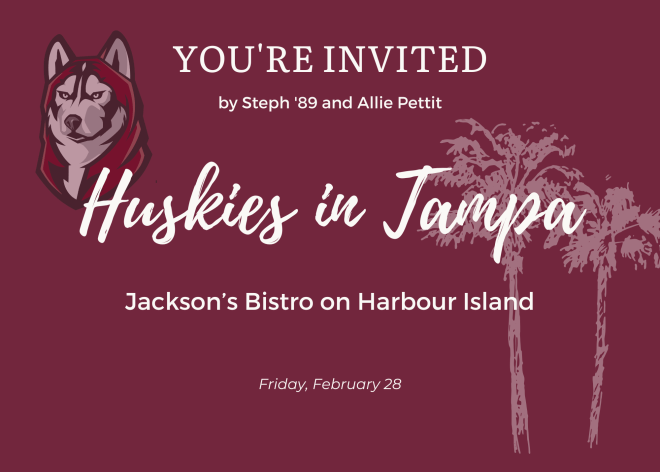 white lettering on maroon background "Huskies in Tampa" in script with watermarks of the Husky logo and palm trees