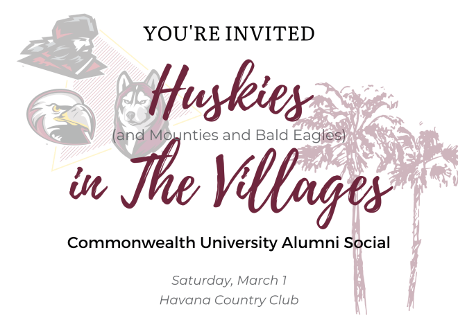 maroon lettering on white background "Huskies in the Villages" in script with watermarks of the triad logo and palm trees