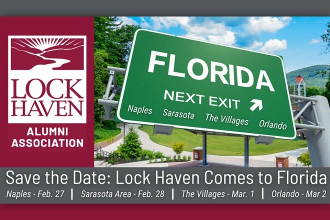 Exit sign promoting Lock Haven Alumni Association events in Florida