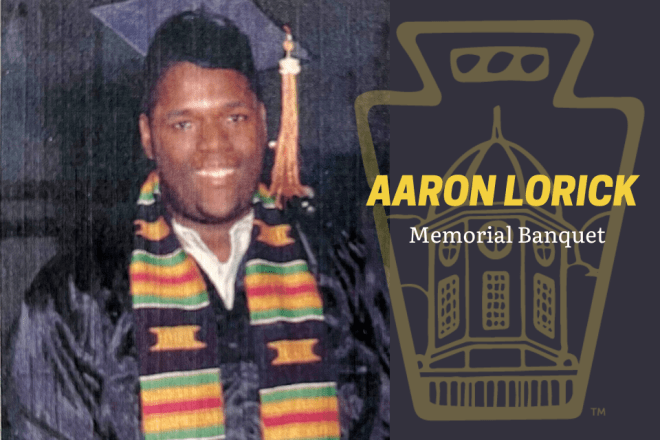 Photo of Aaron Lorick at graduation with the Bloomsburg Keystone logo and his name spelled over the top to the right.