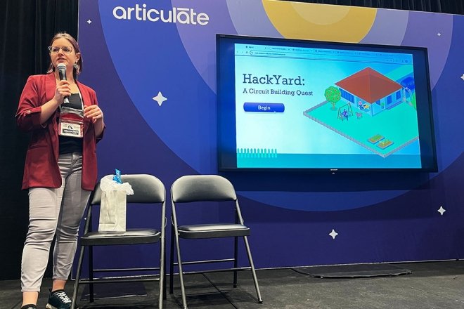 This year’s CU winner, Annie Schmitt, developed a story- and simulation-based course that prepares learners to use breadboards for prototyping circuits. In HackYard: A Circuit Building Quest, learners build circuits to help a family on their quest to build projects to “hack” their backyard.