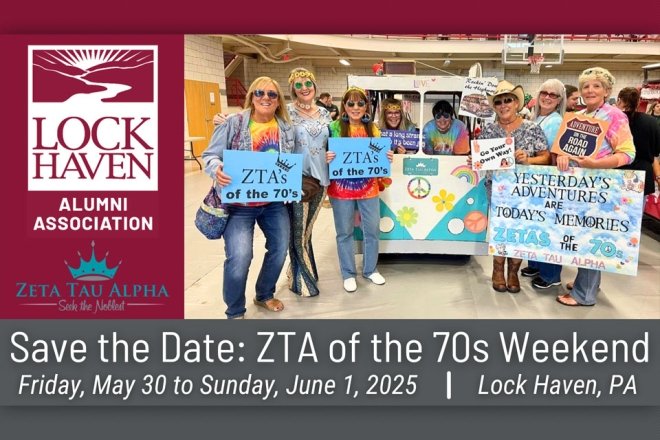 Women wearing tye-dye posing with signs promoting ZTA of the 70s Weekend