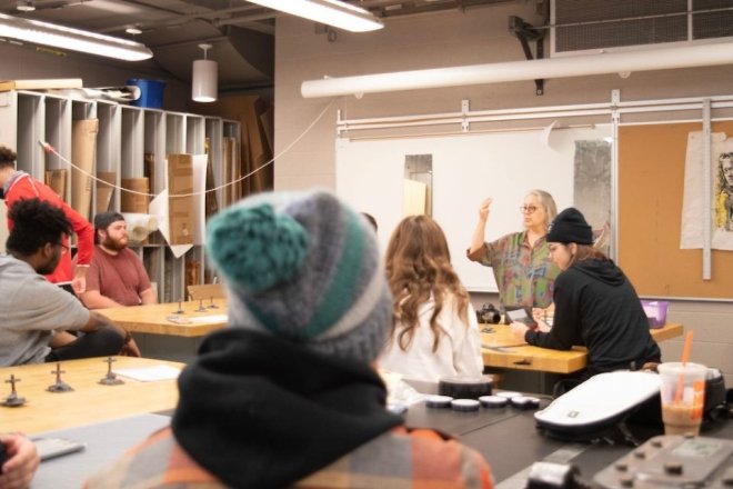 Visual Arts students at CU-Mansfield in a studio classroom during a class