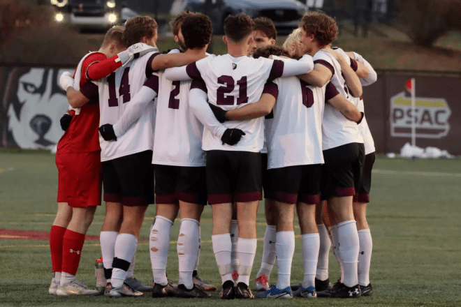 Men's soccer team in huddle