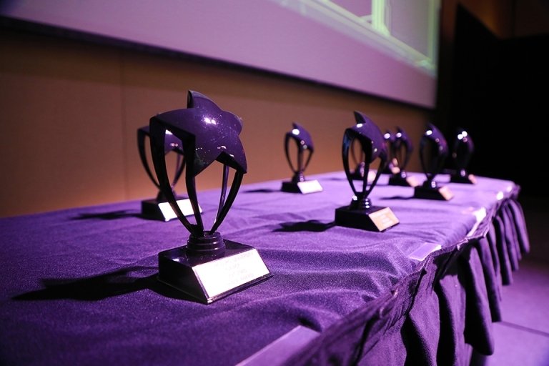 Awards sitting on a table.