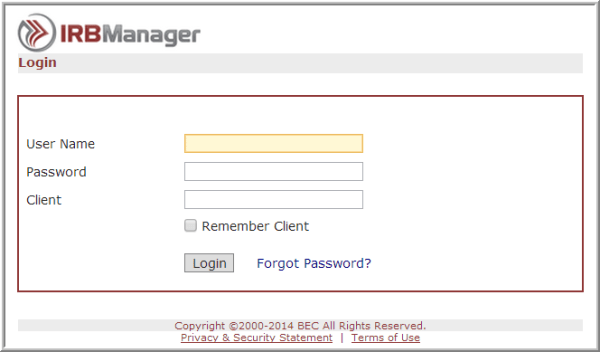 IRBManager Login Page