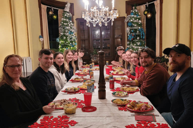 A group of people at a Christmas party. 