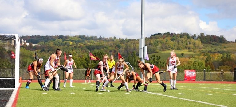 A group of people playing field hockey. 