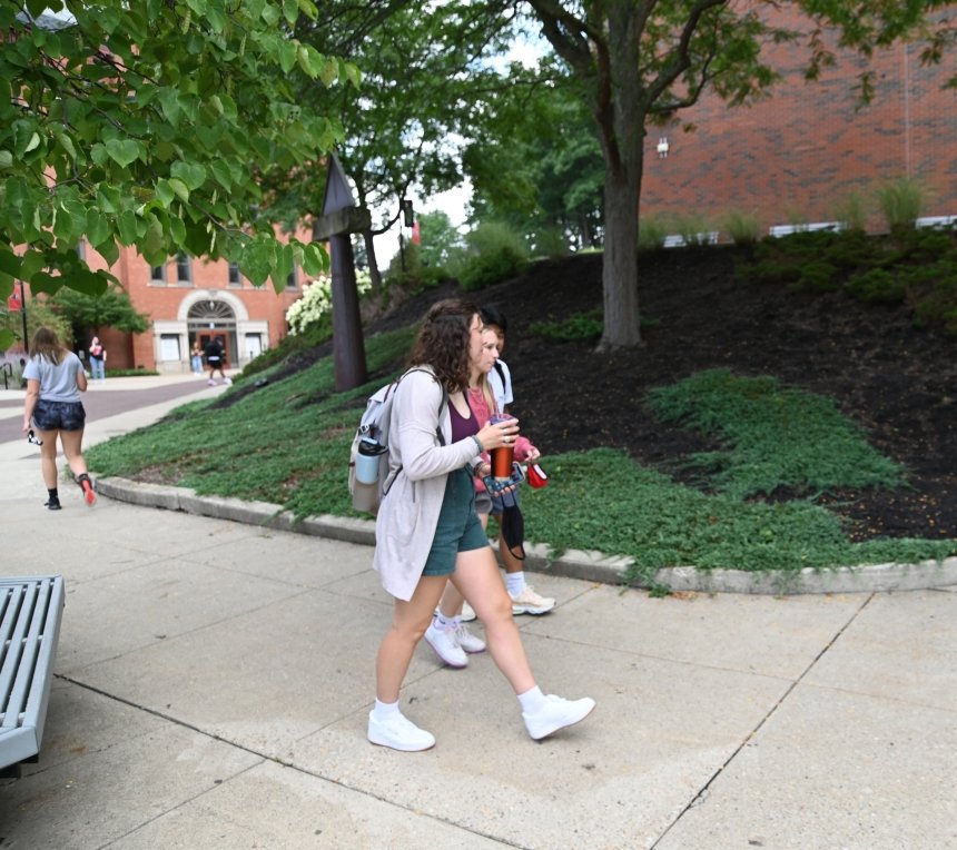 Students walking on campus. 