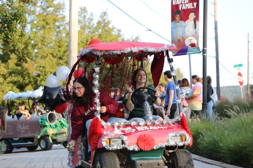 A decorated golf cart. 