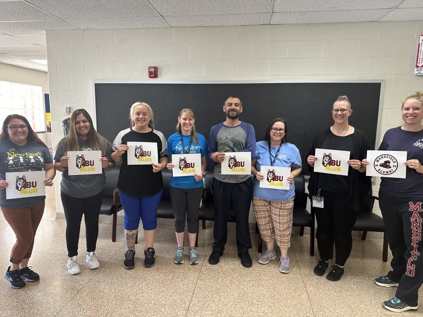 Commonwealth University alumni currently working at New Story in Berwick pictured above, from left to right, are Kyrie (Gombert) Jacobs, BU 2013; Hannah (Frohman) Turner, BU 2017 & 2020; Danielle (Samsenak) Bailey, BU 2012; Mandi Siegfried, BU 2013; Andrew Zourides, BU 2009; Ari Hajdu, BU 2015; Diana (Lukeski) Poliniak, BU 2003; Sarah (Peterson) Strozyk, Mansfield 2012. Not pictured are Mary Ritz, BU 2020; Alyssa Laura, BU 2019 & 2022; and Melinda (Maron) Viars, BU 1998.